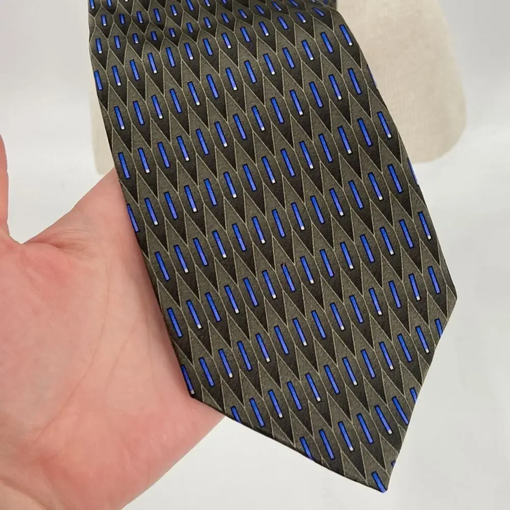 Ziggurat by Mulberry neckwear blue green patterned pure silk tie